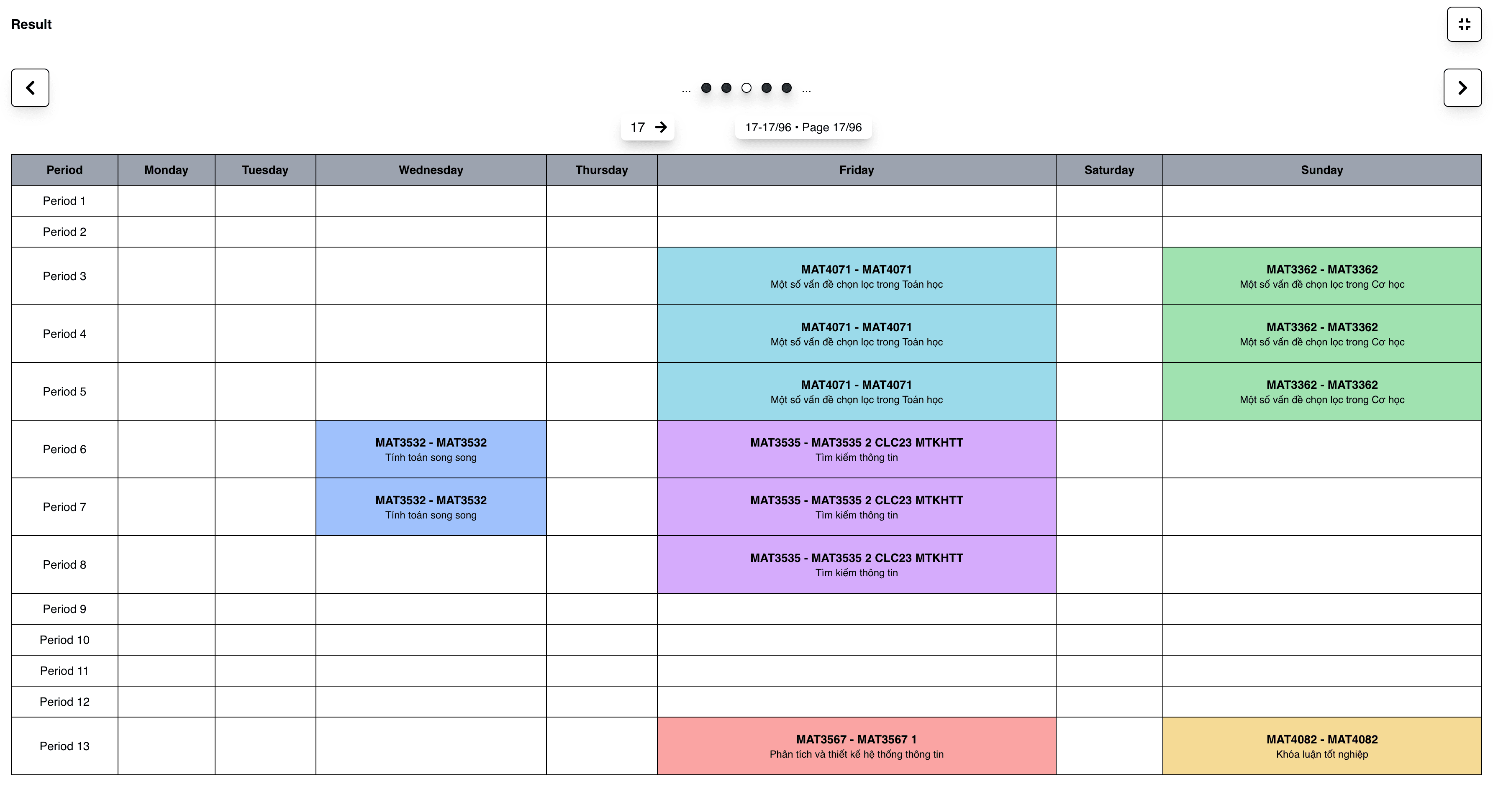 Generates timetables showing completion status and requirements.